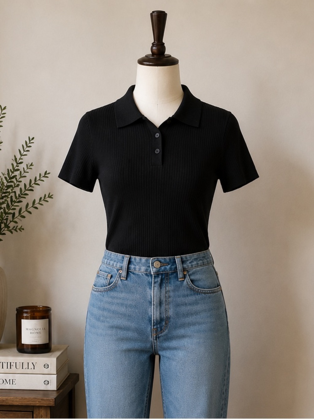 NWOT Calvin Klein Jeans Black Ribbed Polo Top Short Sleeve Preppy Size Large